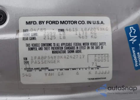 1989 Ford Taurus Sho from USA, damaged, VIN 1FABP54Y8KA242717